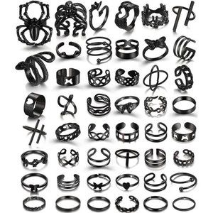 Black Rings for Men Women Girls, Goth Punk Rings Set Cool Gothic Adjustable Ring